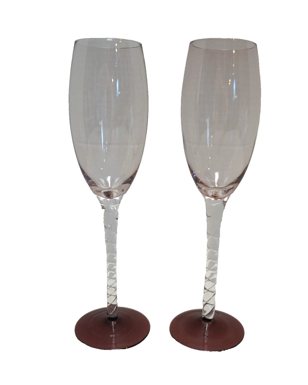 Vintage Twisted Stem Cranberry Clear Glass Champagne Flutes Pair 9 IN
