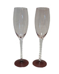 Vintage Twisted Stem Cranberry Clear Glass Champagne Flutes Pair 9 IN