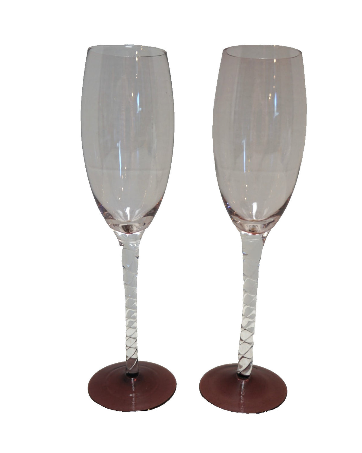 Vintage Twisted Stem Cranberry Clear Glass Champagne Flutes Pair 9 IN