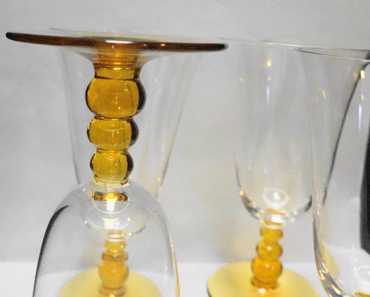 Amber Ball Stem Clear Bowl Blown Glass Water Goblets Set of 6