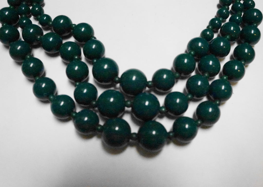 Deep Green Plastic Triple Strand Graduated Beads Necklace