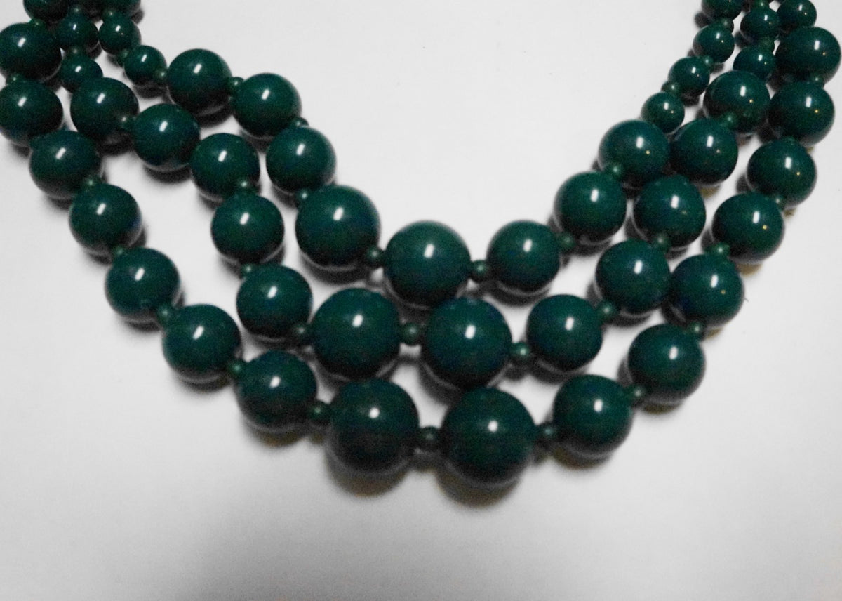 Deep Green Plastic Triple Strand Graduated Beads Necklace