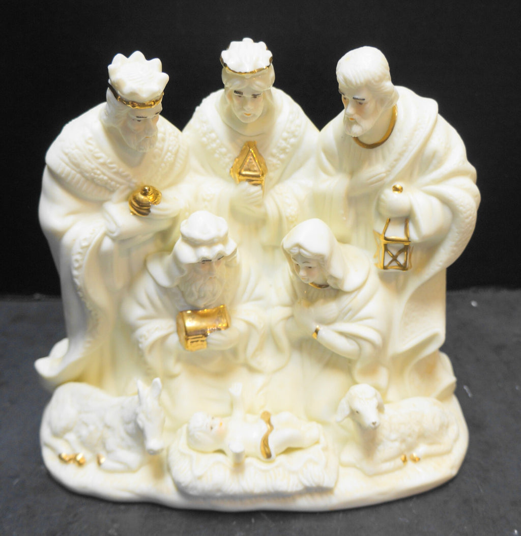 Cream Ivory Bisque Porcelain Nativity Set One Piece Figurine Hand Painted Gold