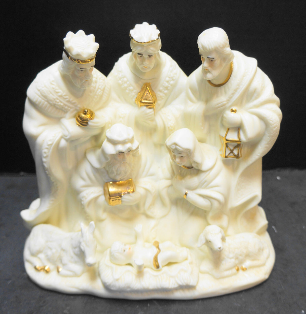 Cream Ivory Bisque Porcelain Nativity Set One Piece Figurine Hand Painted Gold