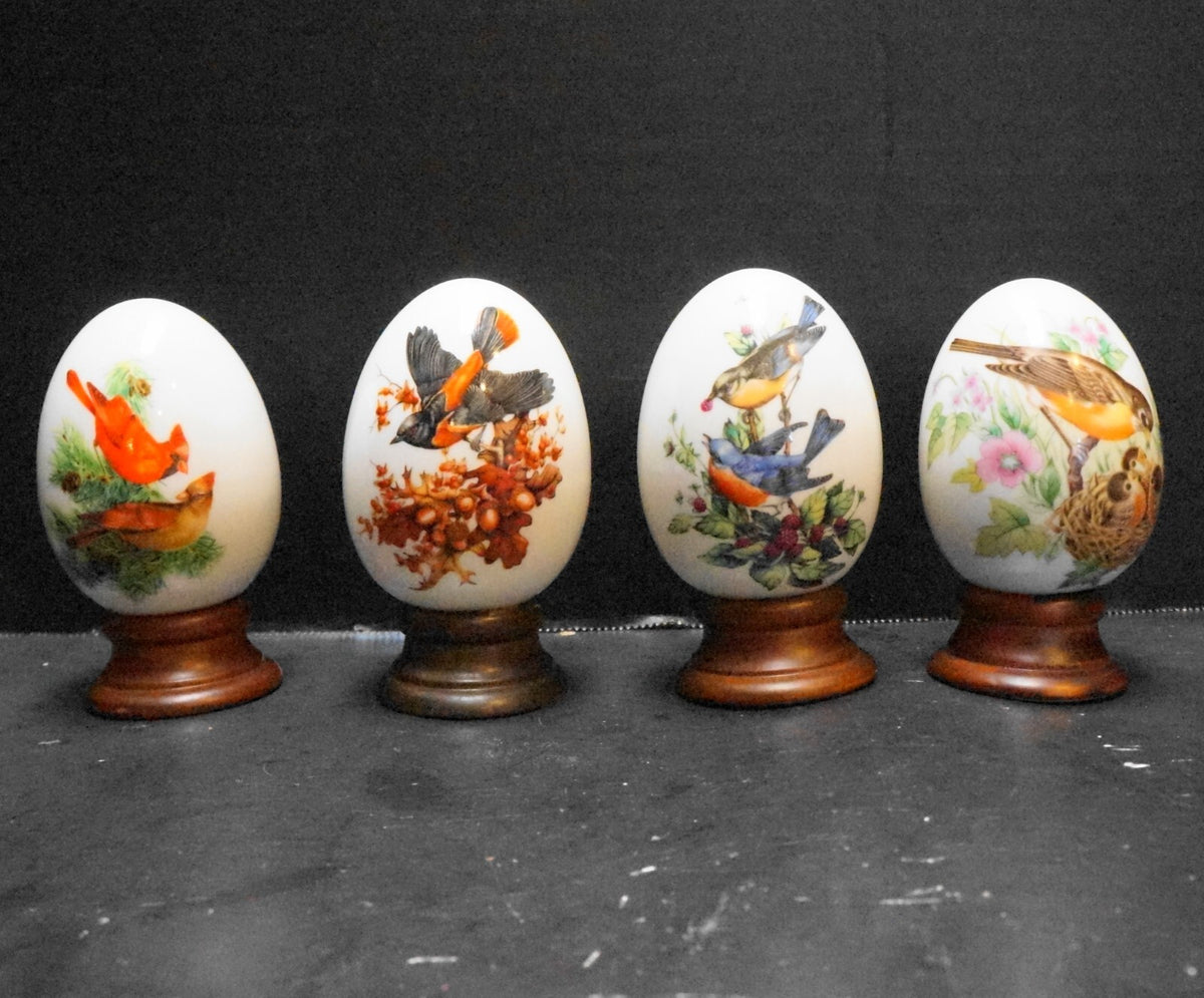 Avon Four Seasons Porcelain Eggs Birds Wooden Stands 1984