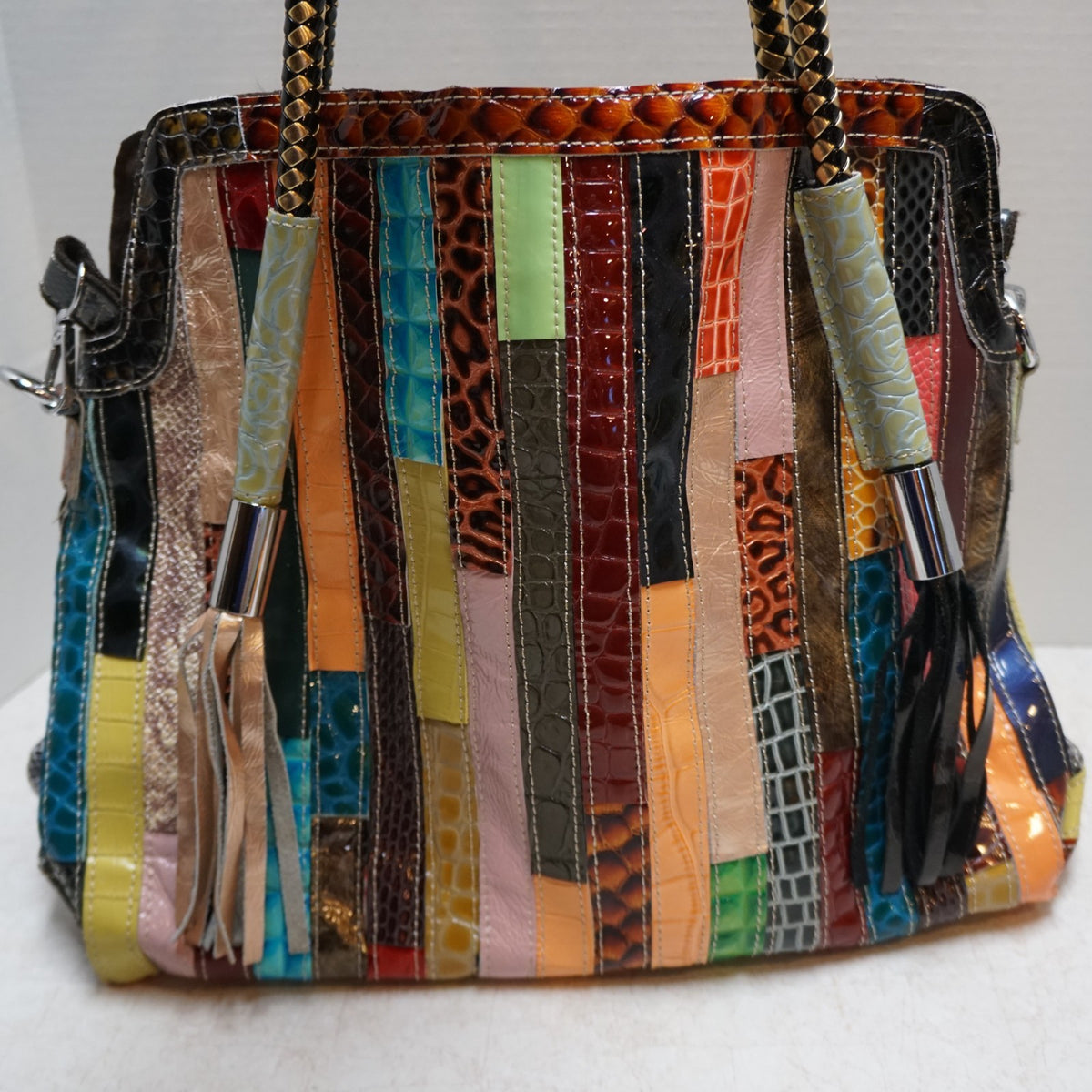 Shoulder Satchel Tote Bag Women's Faux Leather Snake Stripes Colorful Handbag