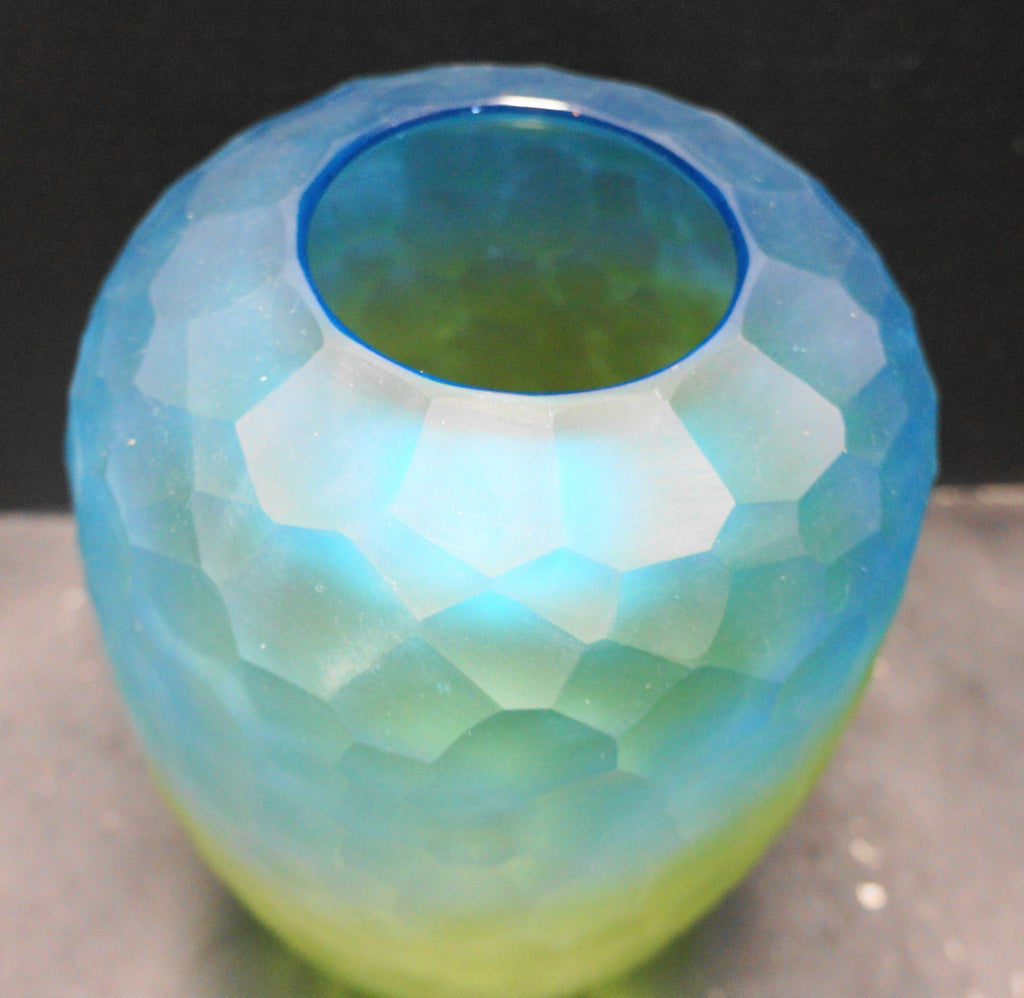 Gail Sanborn Notations Green Blue Honeycomb Art Glass Vase