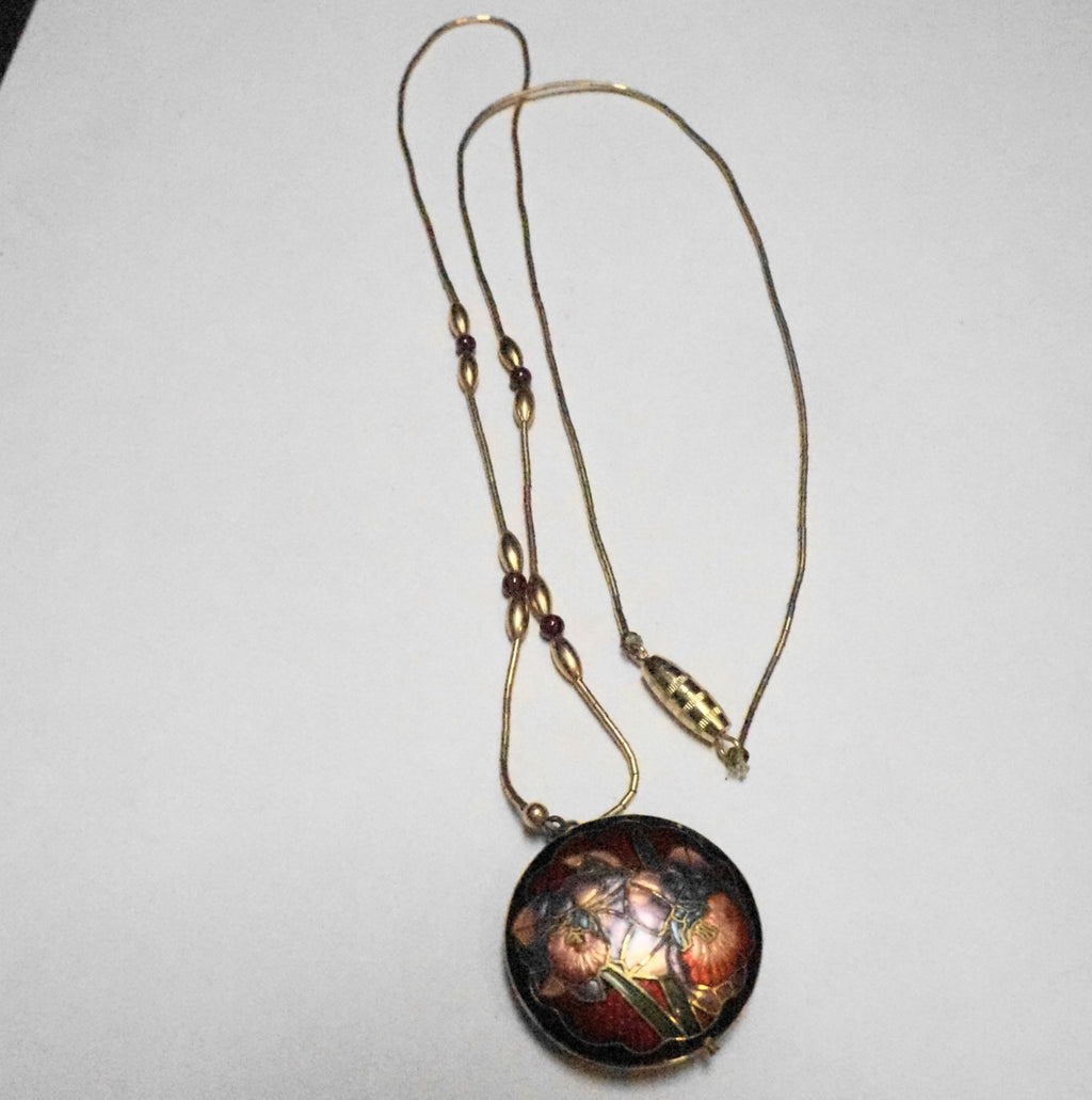 Vintage Cloisonne Round Pendant Floral Red Purple Gold Tone Beads Necklace