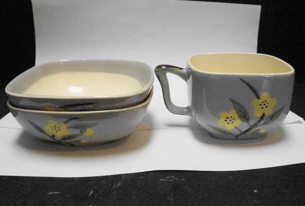 Weil Ware Blossom Gray Yellow Flowers Cup Bowls 3 Pieces