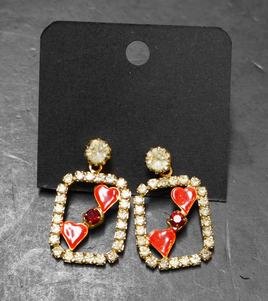 Clear Rhinestone Red Enamel 2 of Hearts Card Earrings