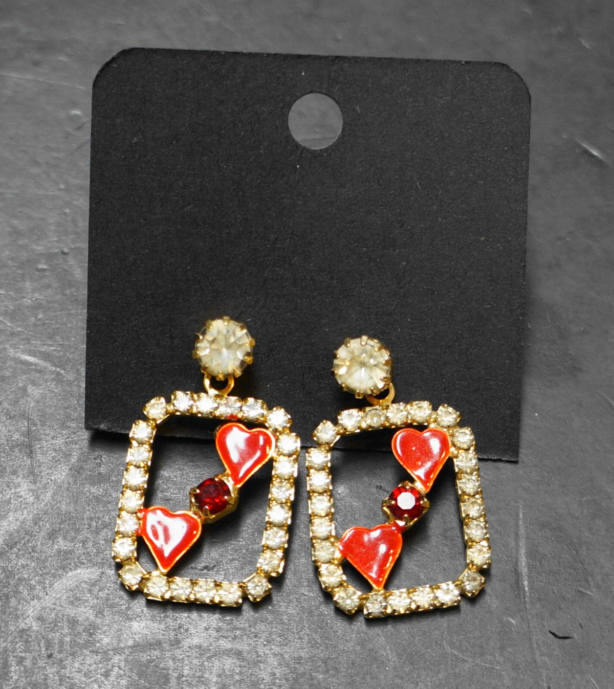 Clear Rhinestone Red Enamel 2 of Hearts Card Earrings