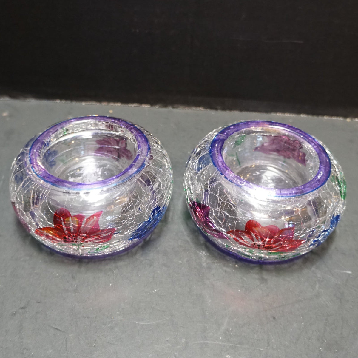 Yankee Candle Crackle Glass Floral Hand Painted Tea Light Votive Candle Holders