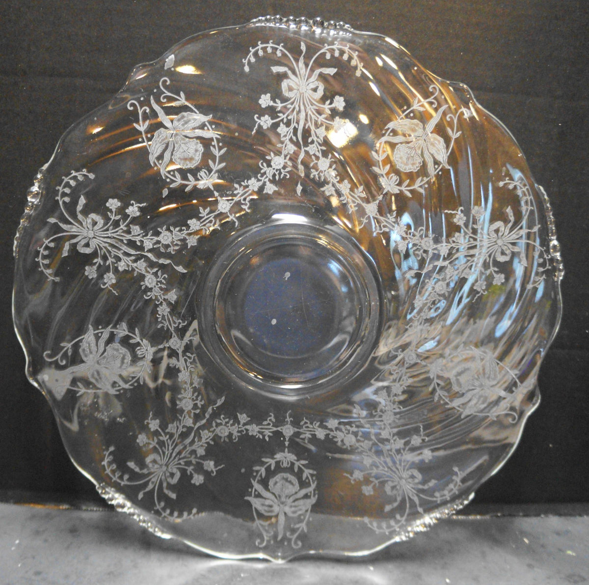 Heisey Orchid Etch Waverly Blank Swirl Scalloped Sandwich Torte Platter Tray