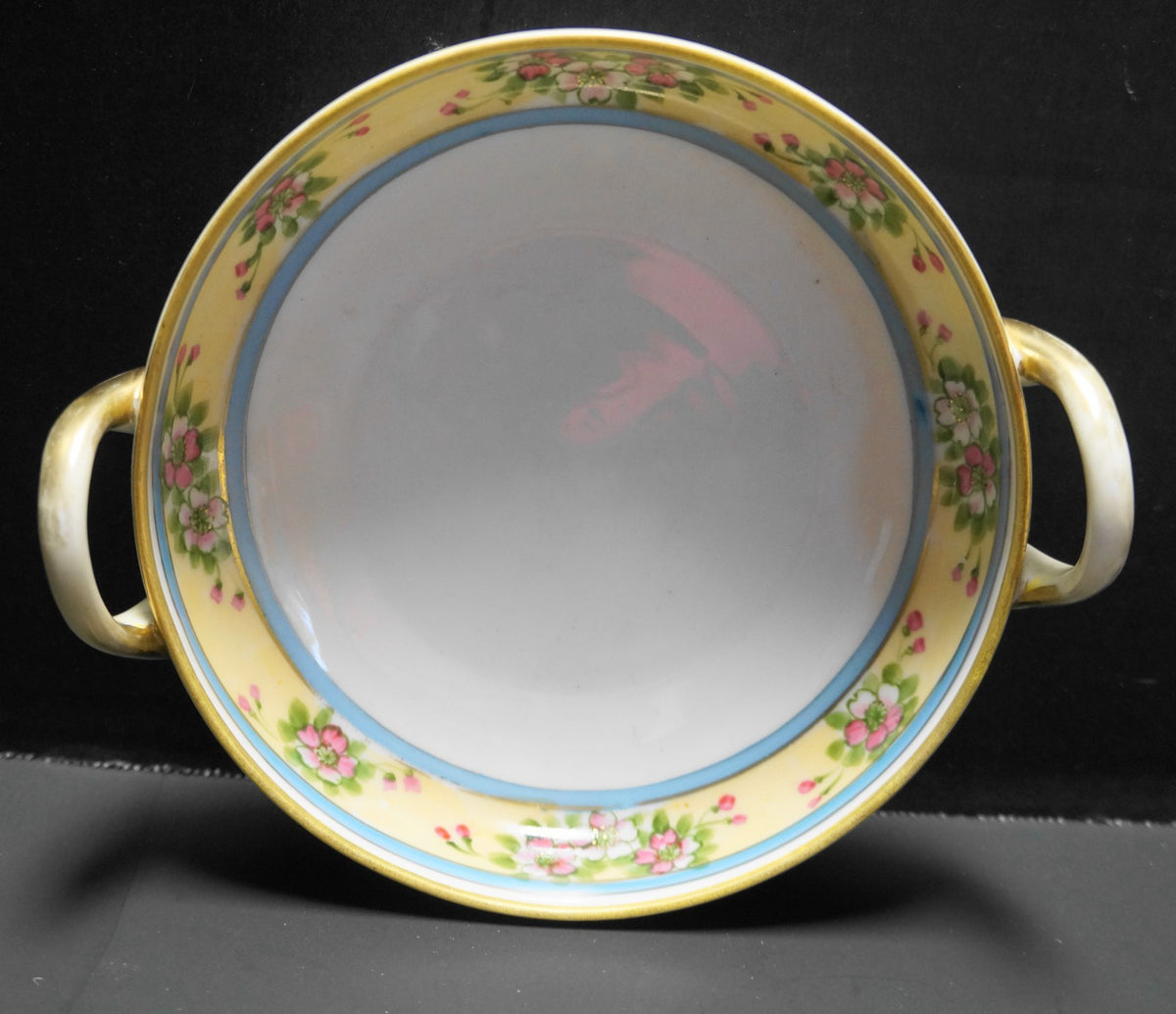 Morimura Nippon Double Handle Bowl Hand Painted Pink Flowers Yellow Blue Bands