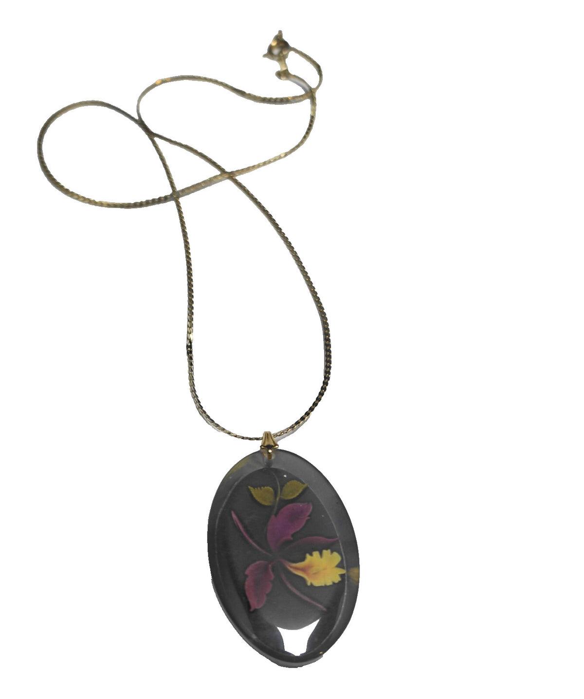 Reverse Carved Orchid Flower Lucite Oval Pendant Necklace