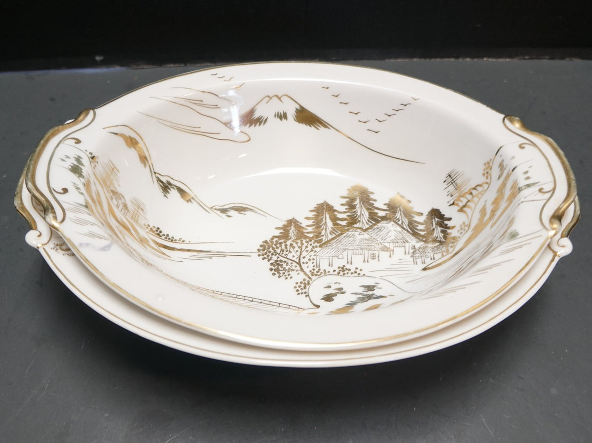 Kutani Gold on White Porcelain Oval Vegetable Bowls Pair Mt Fuji Village Scene