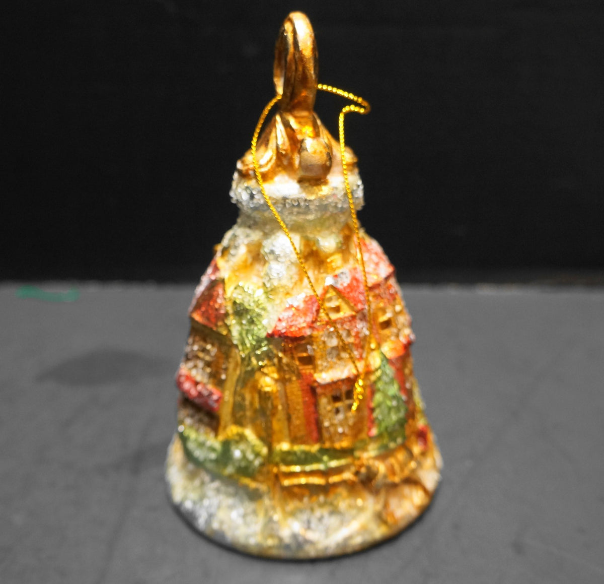 Ornate Christmas Bell Ornament Hand Painted Glass Glitter House