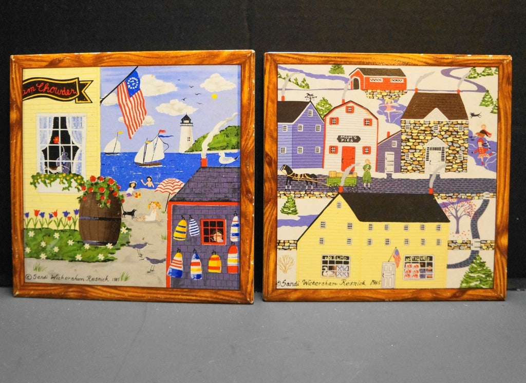 Sandi Wickersham Resnick Tiles Pair Skating Pond Down by the Sea 7 7/8 IN