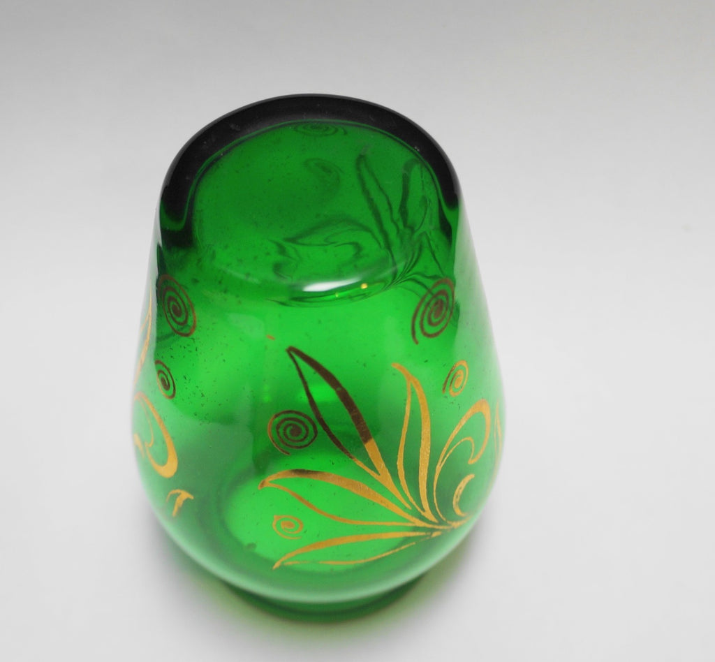 Anchor Hocking Fire King Forest Green Gold Decorated Bud Vase
