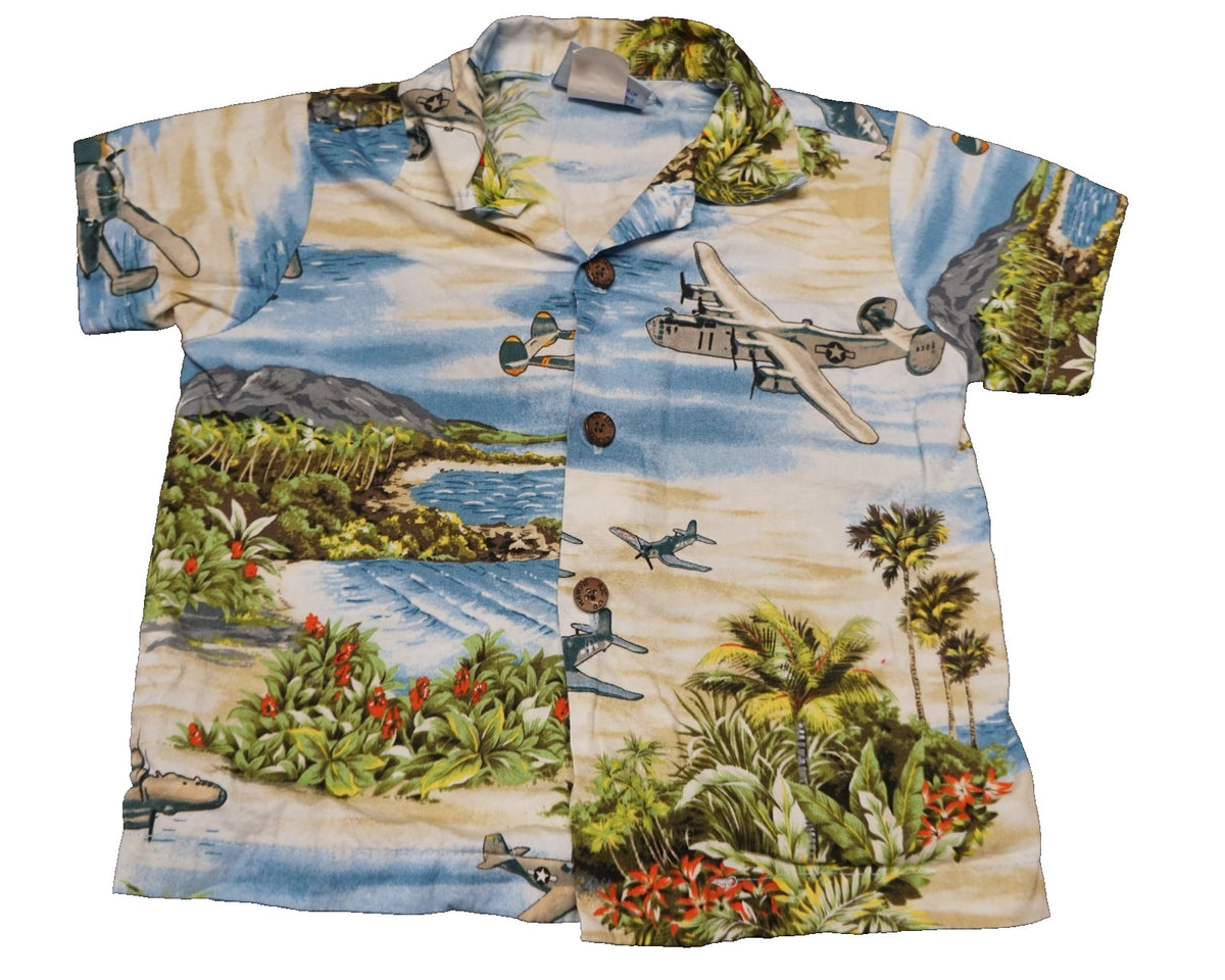 Vintage RJC Hawaiian Aloha Shirt 2T WWII Airplanes Beach Scene