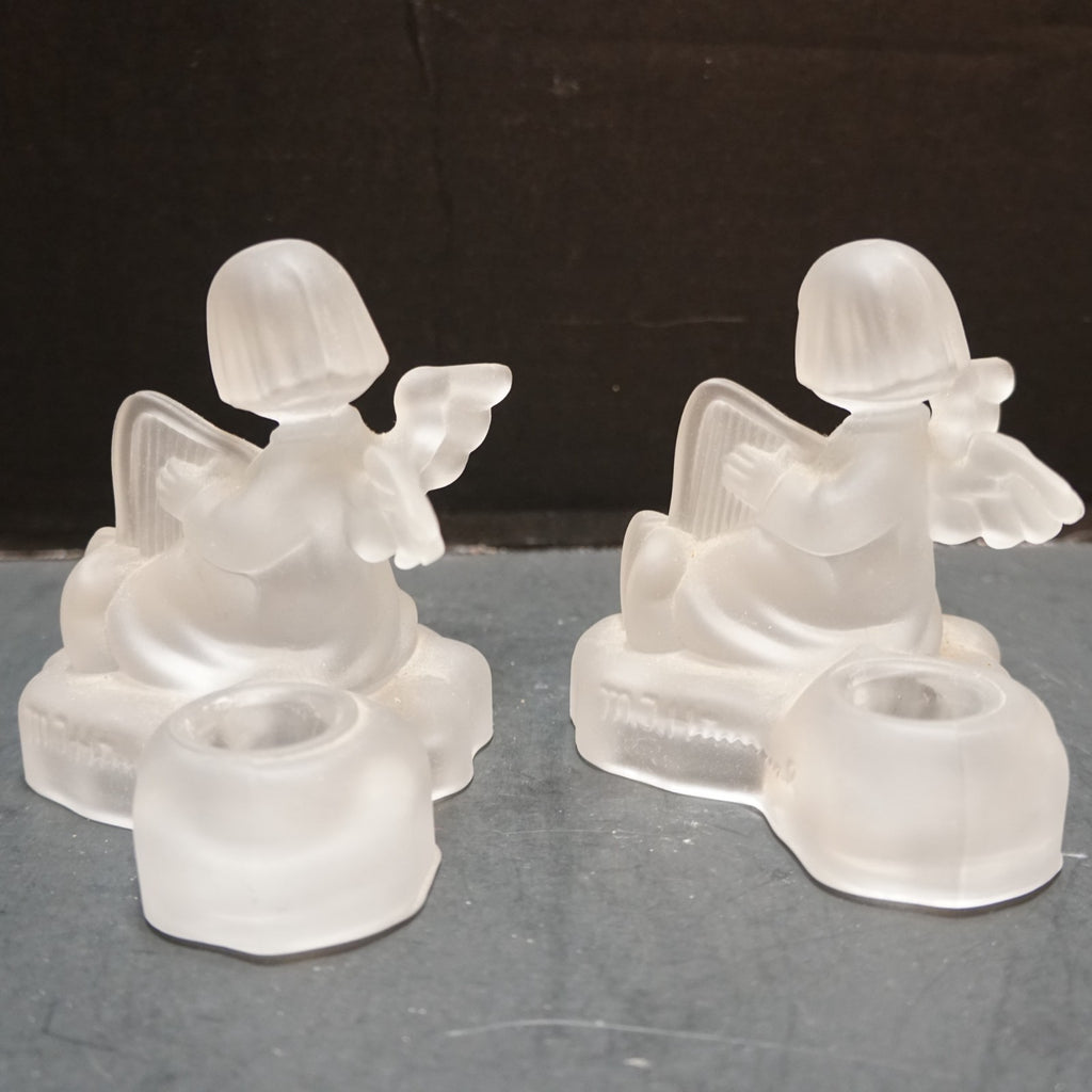 Avon Goebel Hummel Frosted Lead Crystal Angel Figurine Candle Holders Pair 1995