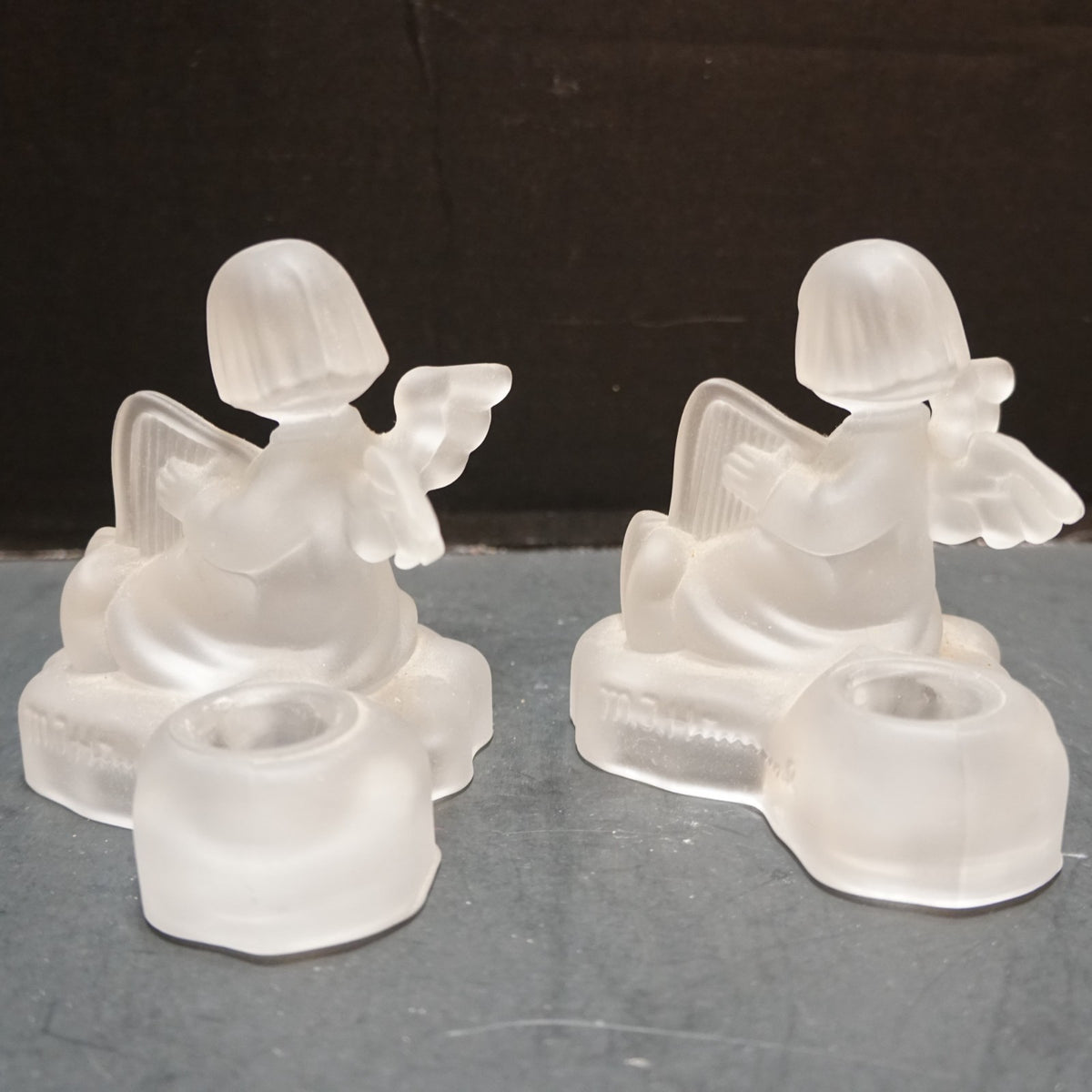 Avon Goebel Hummel Frosted Lead Crystal Angel Figurine Candle Holders Pair 1995