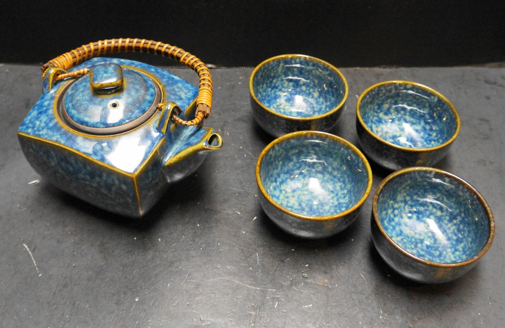 Dark Blue Mottled Glaze Teapot 4 Cups Set Made in Japan