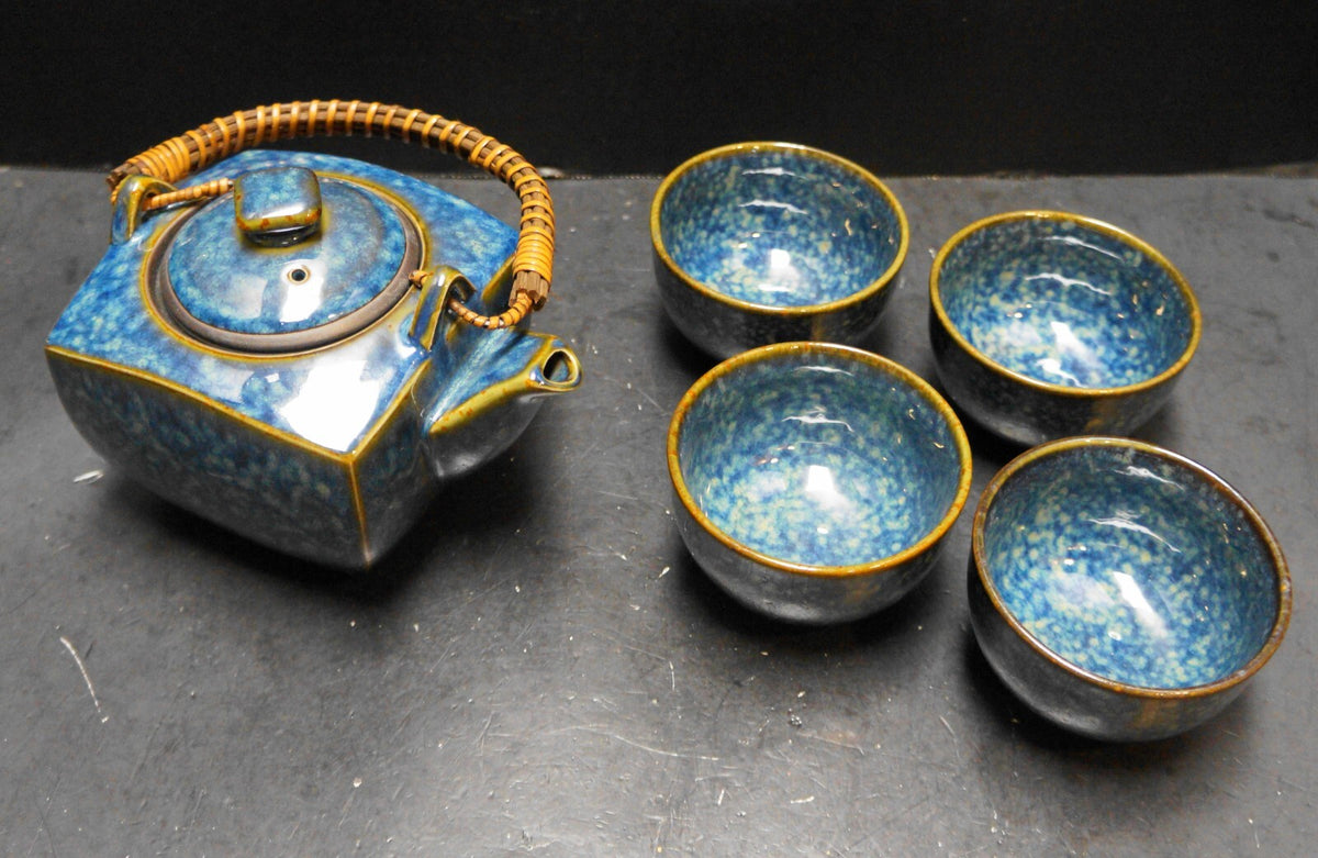 Dark Blue Mottled Glaze Teapot 4 Cups Set Made in Japan