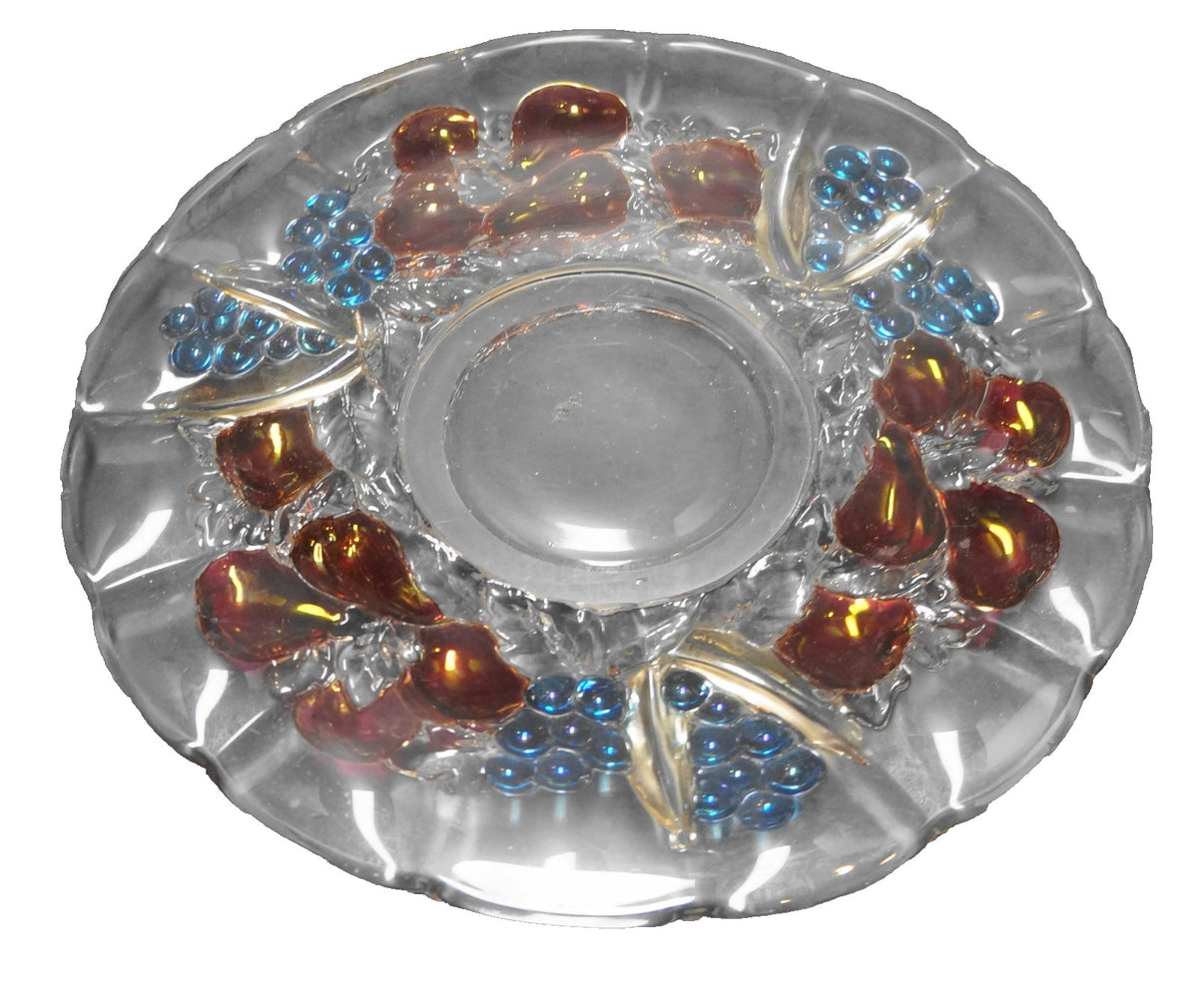 Indiana Glass Garland Banana Fruits Salad Plate Clear Stained Fruit Blue Grapes