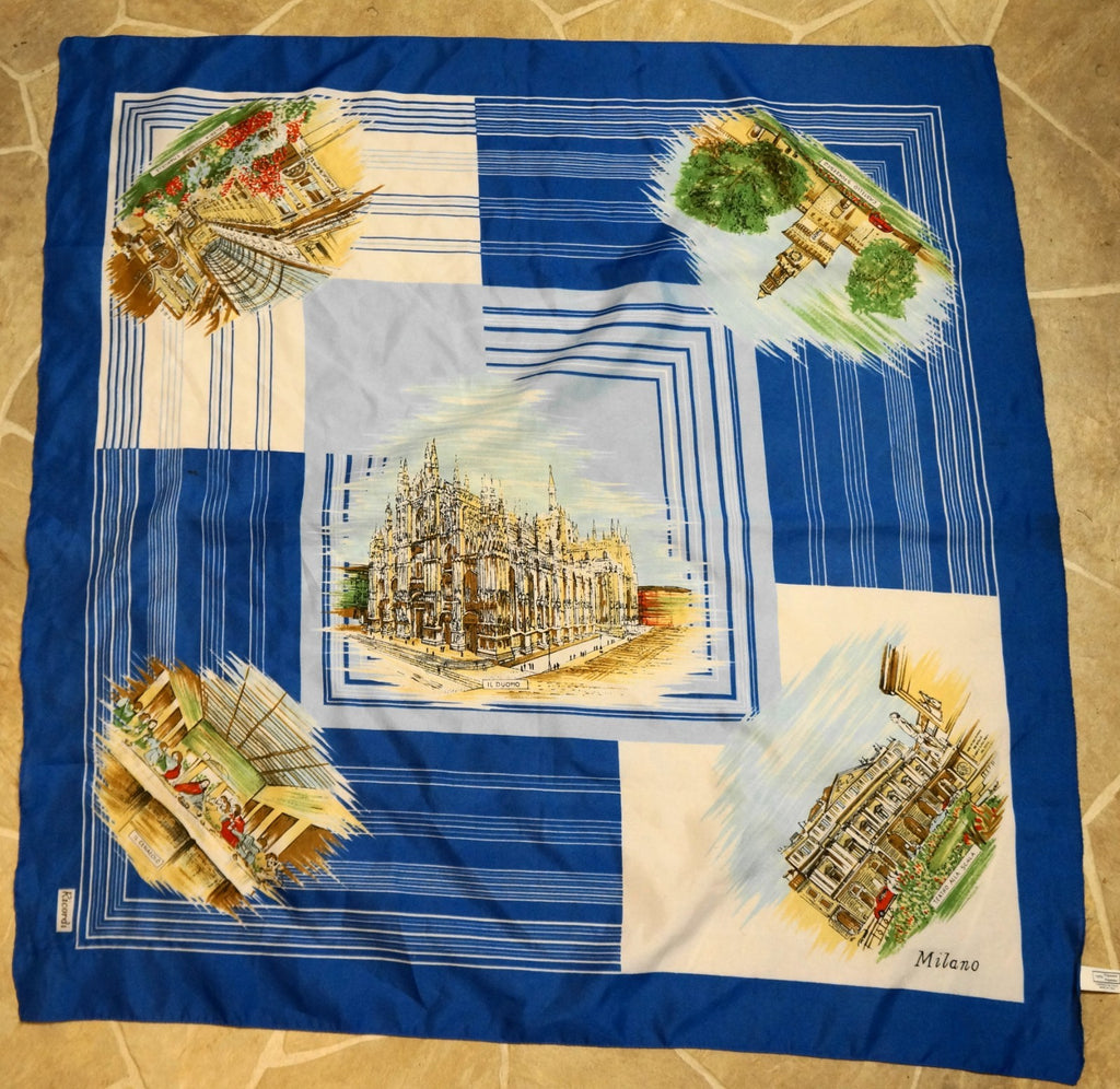 Italy Souvenir Scarf Tourism Scenes Blue and White Polyester