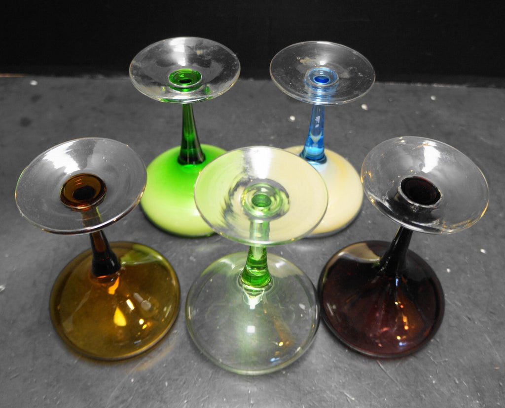 MCM Champagne Cocktail Coupe Glasses Colors Blue Green Purple Brown Set of 4
