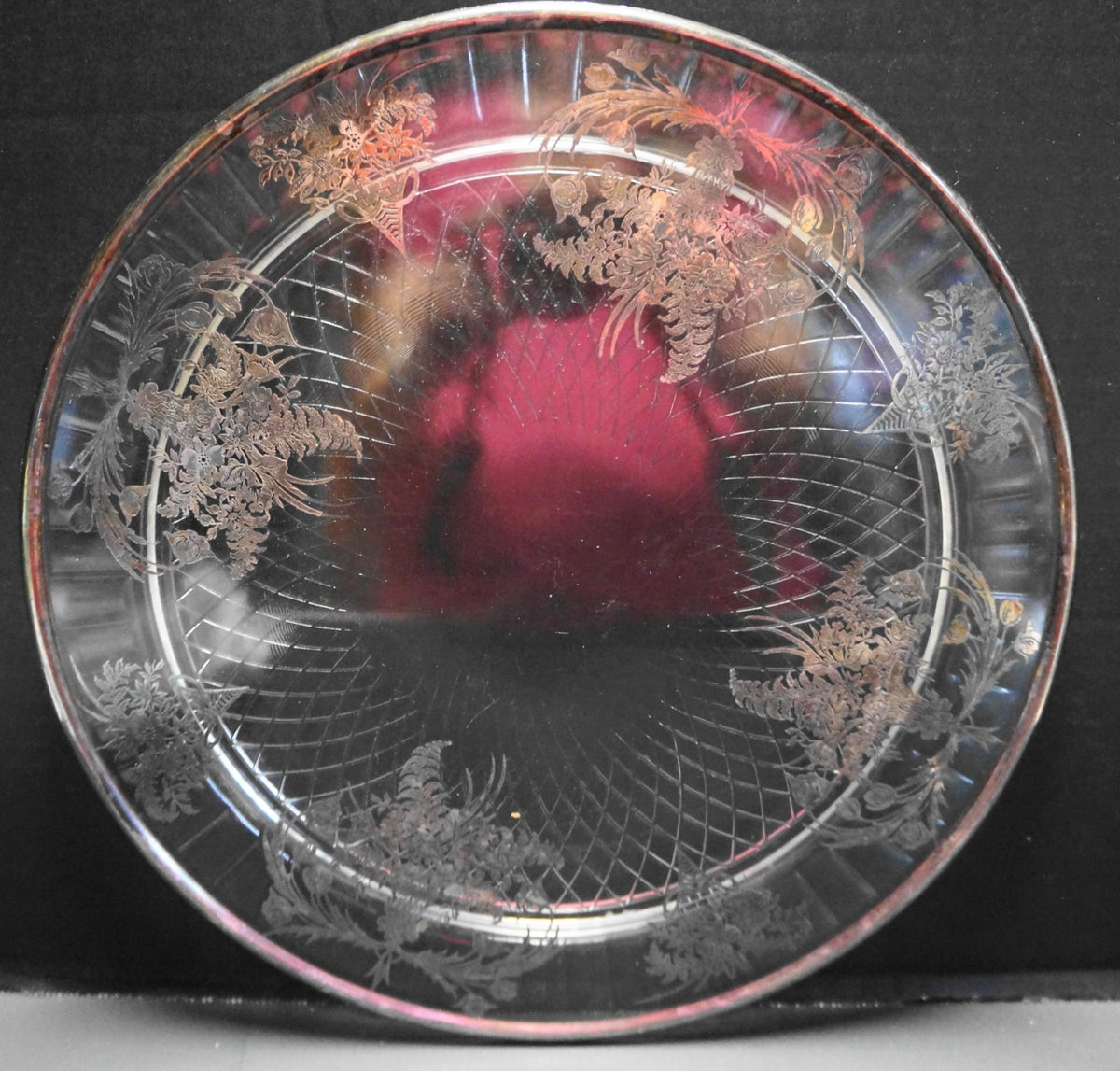 Sterling Floral Overlay Clear Glass Spiral Diamond Cake Plate