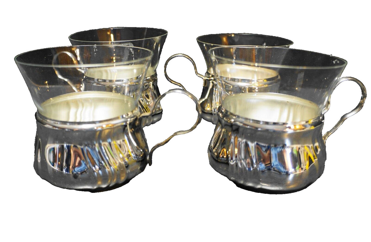 Schott Mainz Jena Glass Silverplate Holder Coffee Cups Set of 4 MCM