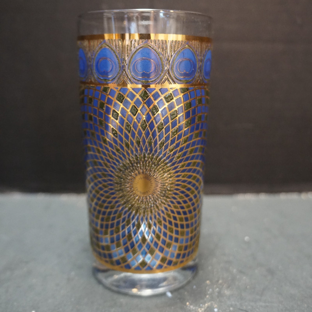 MCM Peacock Decorated Glass Tumbler 5 1/2" CCC Continental Can Co Hazel Atlas