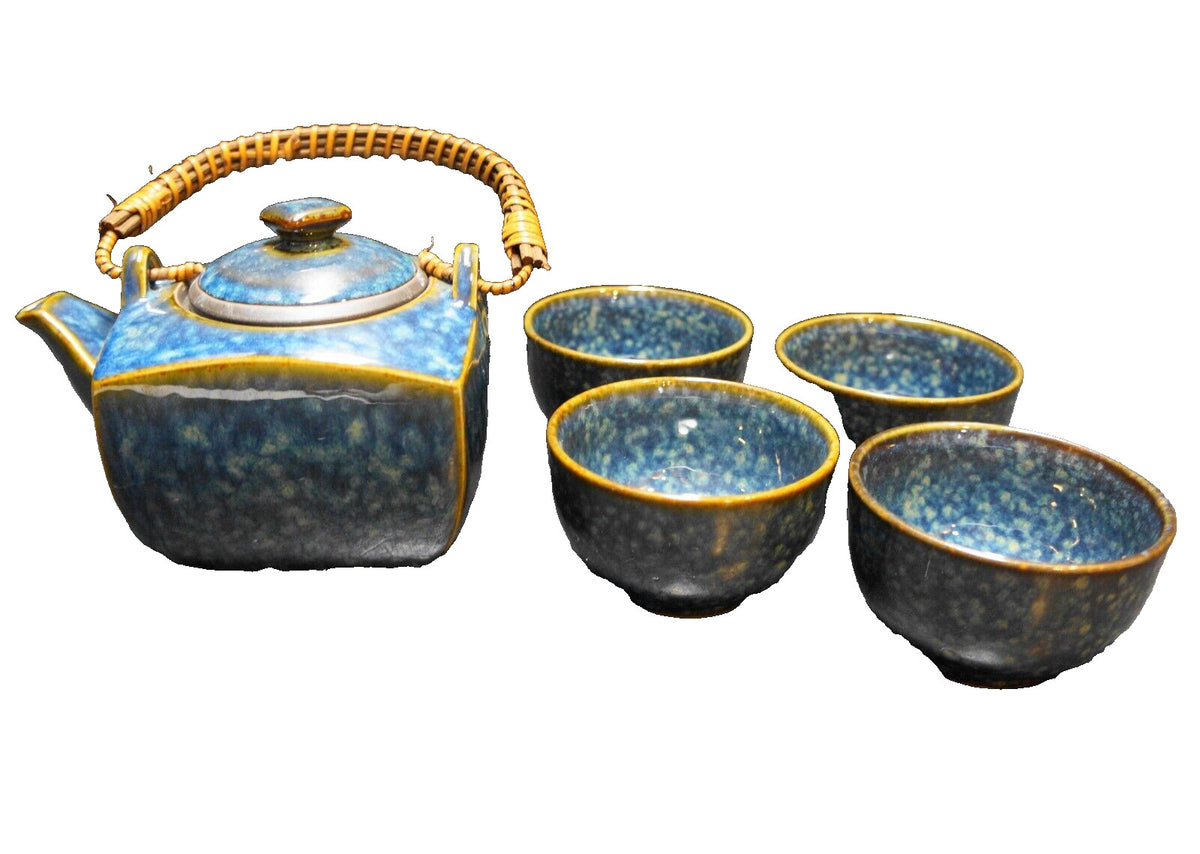 Dark Blue Mottled Glaze Teapot 4 Cups Set Made in Japan
