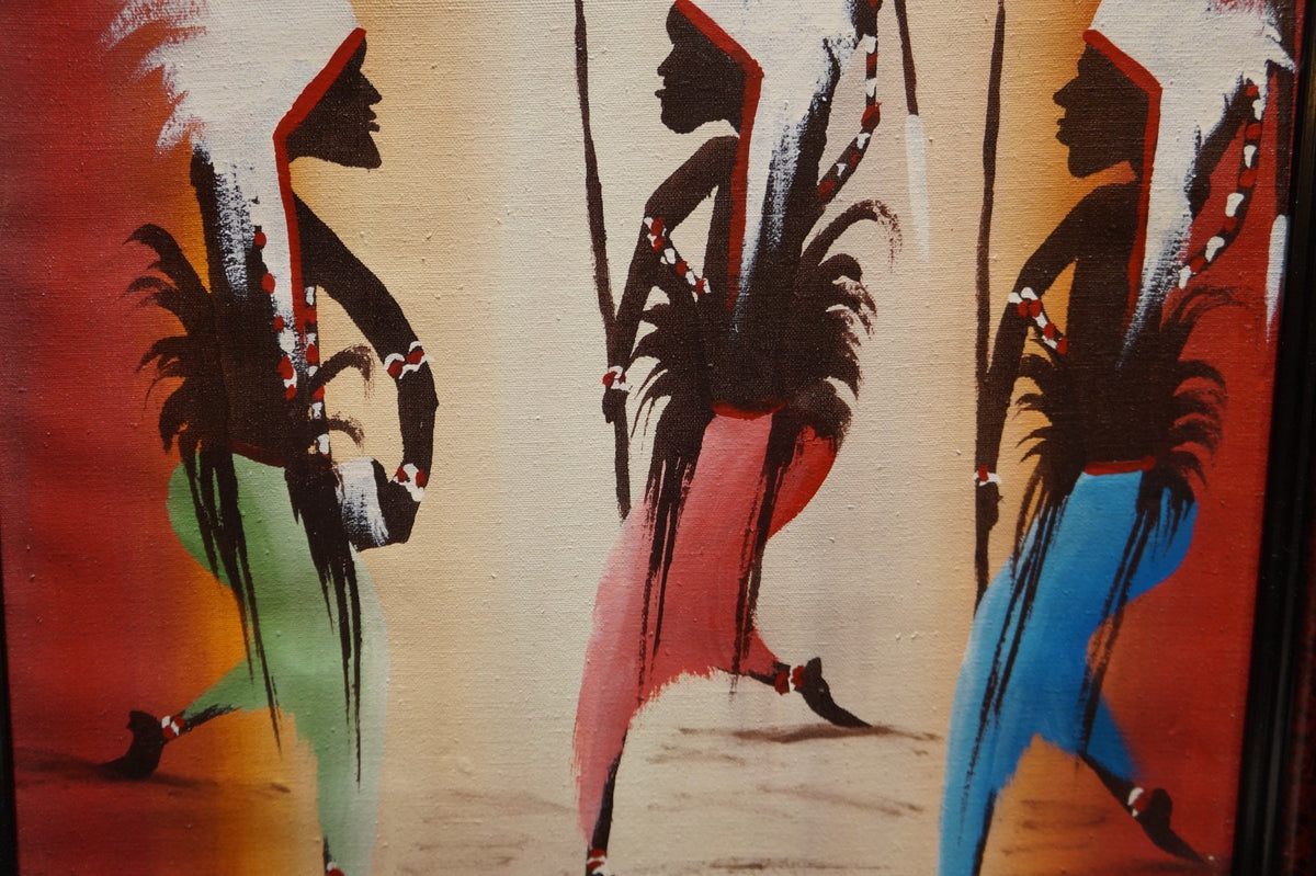 African or Haitian Original Oil Painting Signed P Mutua 81 Warriors Dancing 18 x