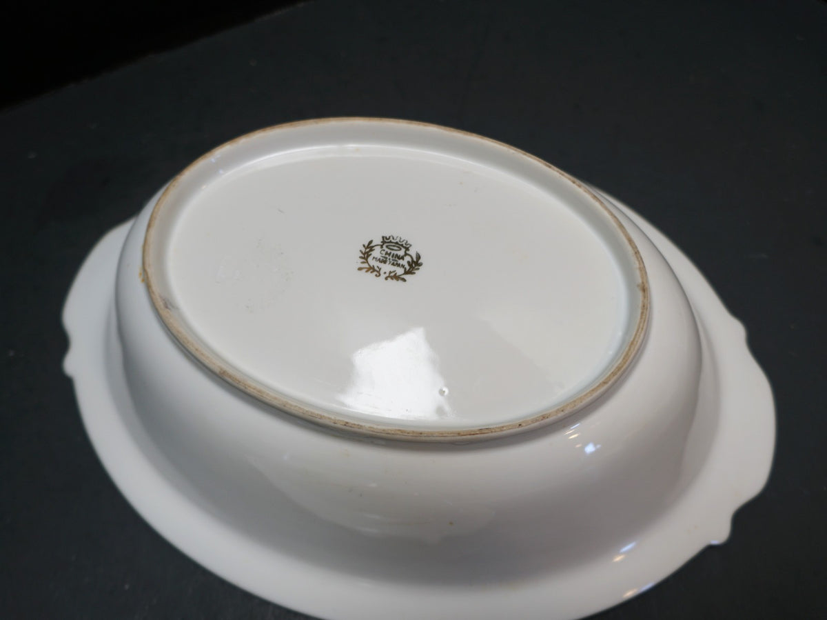 Kutani Gold on White Porcelain Oval Vegetable Bowls Pair Mt Fuji Village Scene