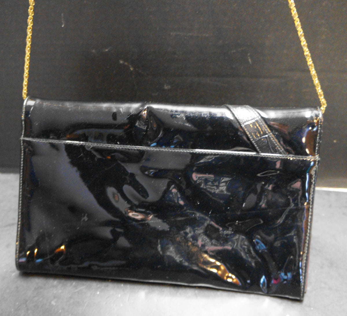Black Patent Vinyl Envelope Purse Slim Convertible Clutch