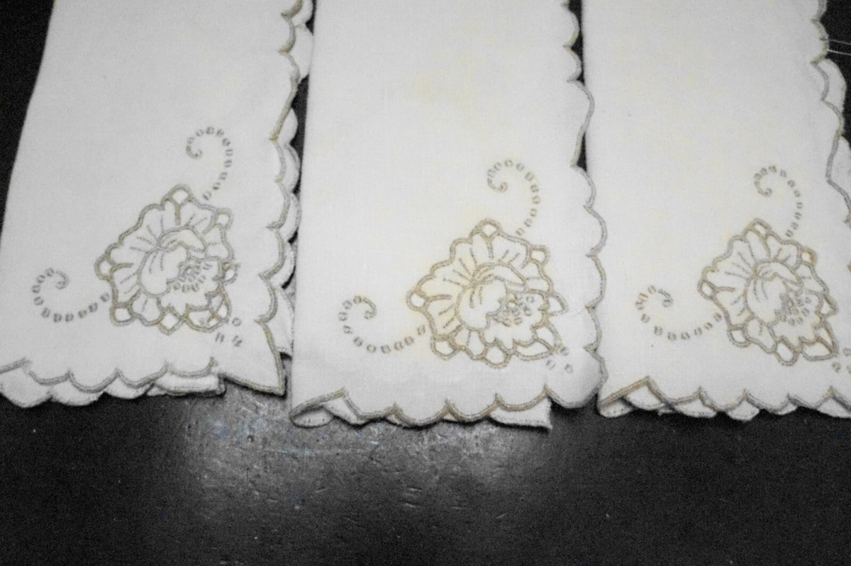 Taupe Embroidered Roses Cream Ecru Linen Napkins Set of 6