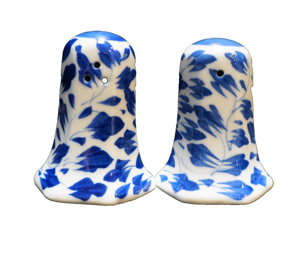 Blue White Hand Painted Leaves Flowers Salt Pepper Shakers