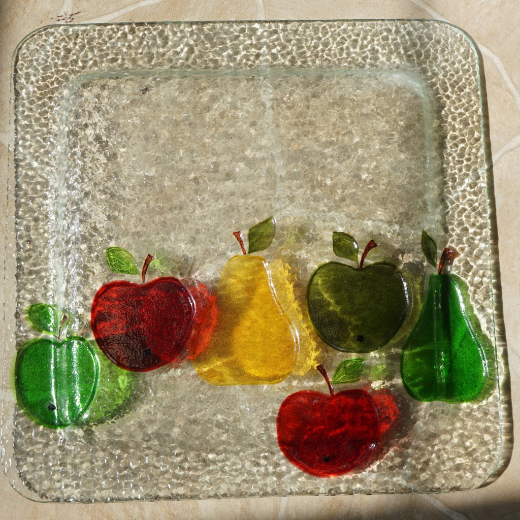 Fused Glass Fruit Apple Pear Clear Pebbled Square Tray 14 5/8 IN