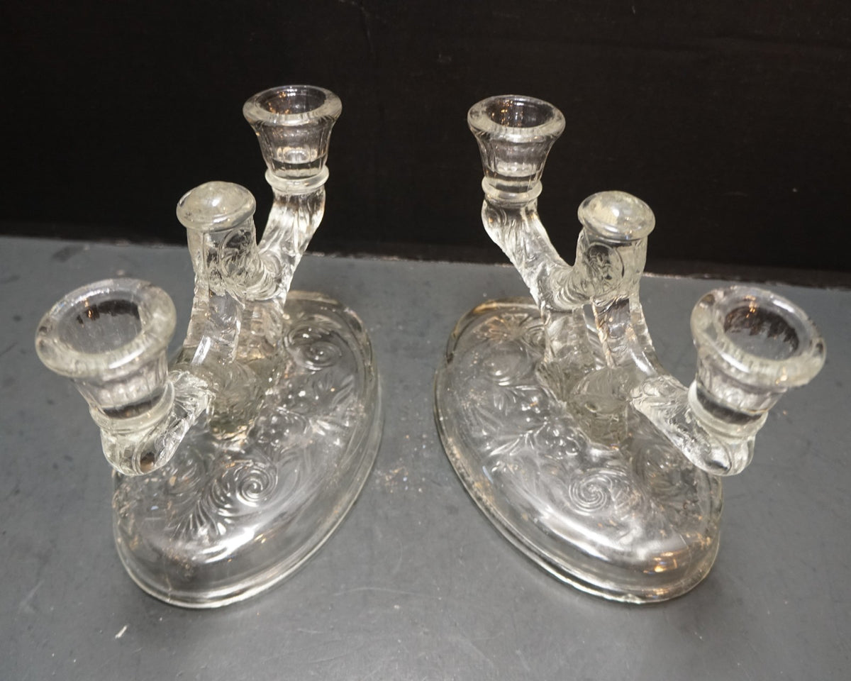 McKee Rock Crystal Double Light Candle Holders Pair
