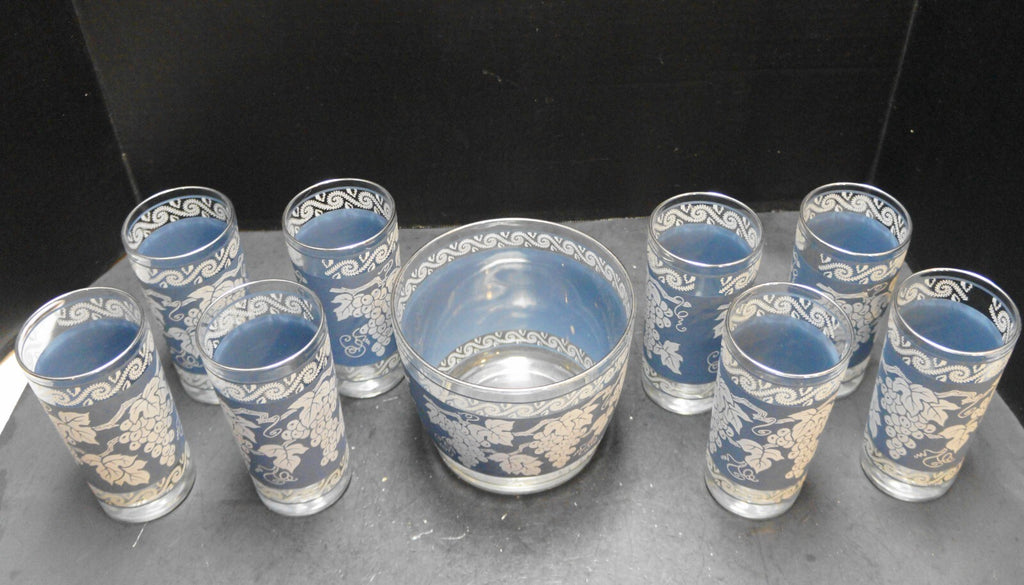Colony Glass Blue White Grapes Ice Bucket 8 Tumblers Set