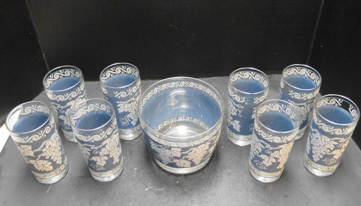 Colony Glass Blue White Grapes Ice Bucket 8 Tumblers Set
