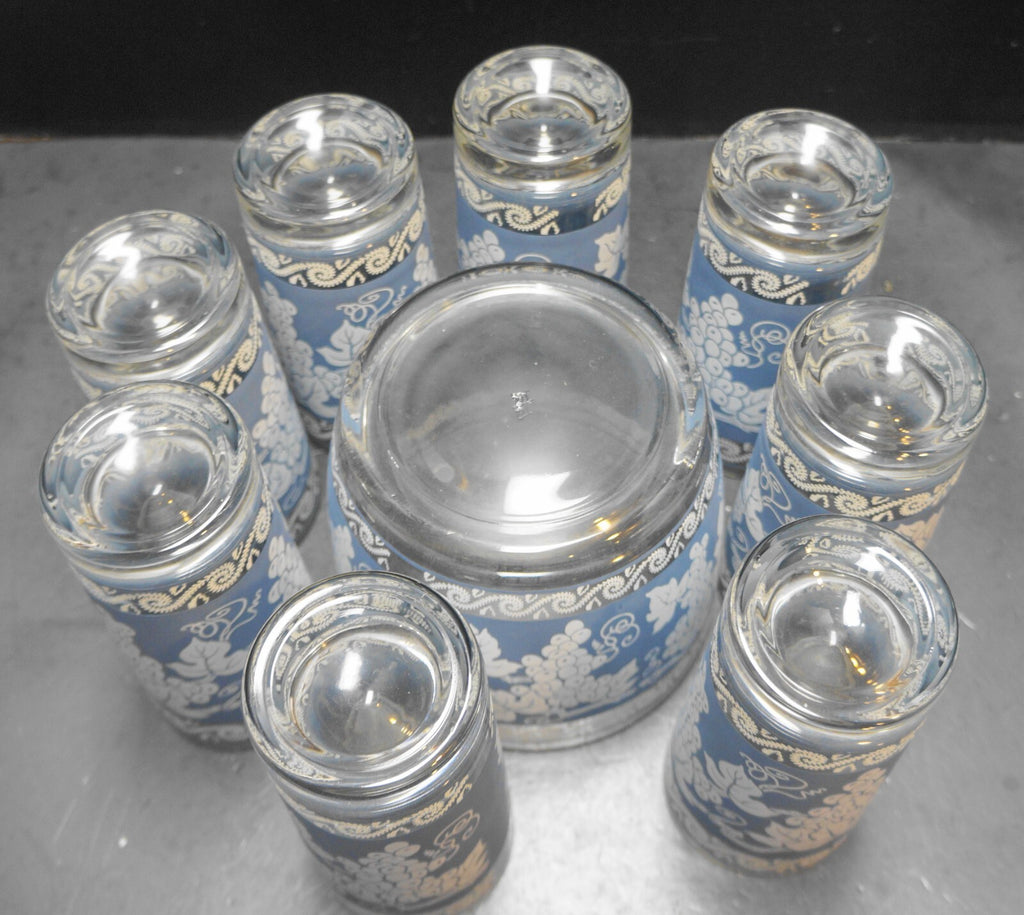 Colony Glass Blue White Grapes Ice Bucket 8 Tumblers Set