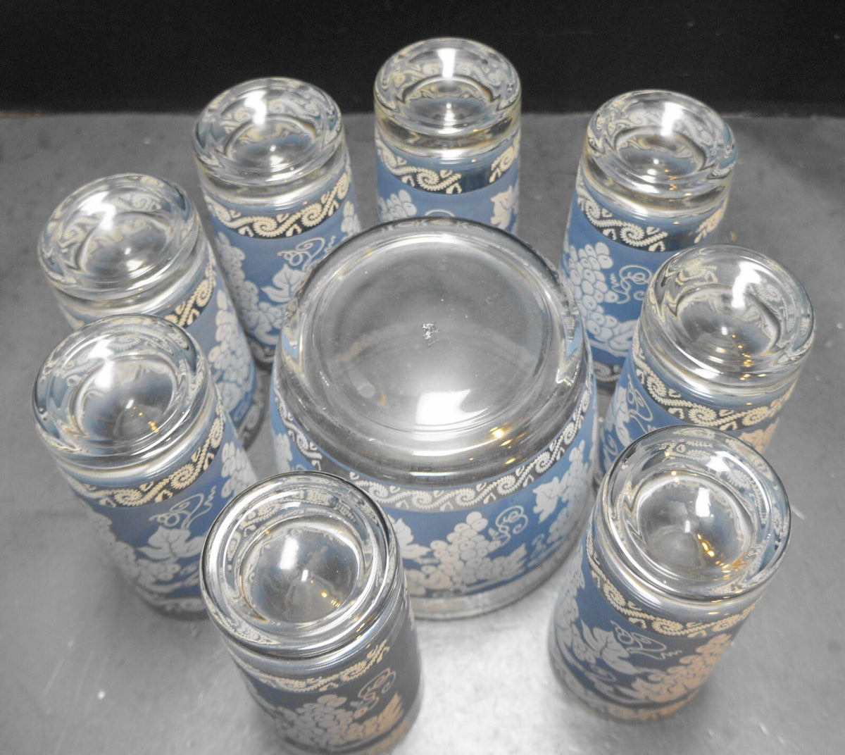 Colony Glass Blue White Grapes Ice Bucket 8 Tumblers Set