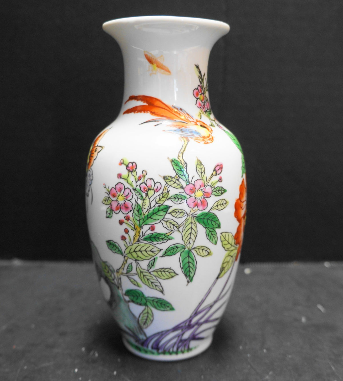 Oriental Objets D'Art Hand Painted Vase Porcelain Flowers Butterfly Macau