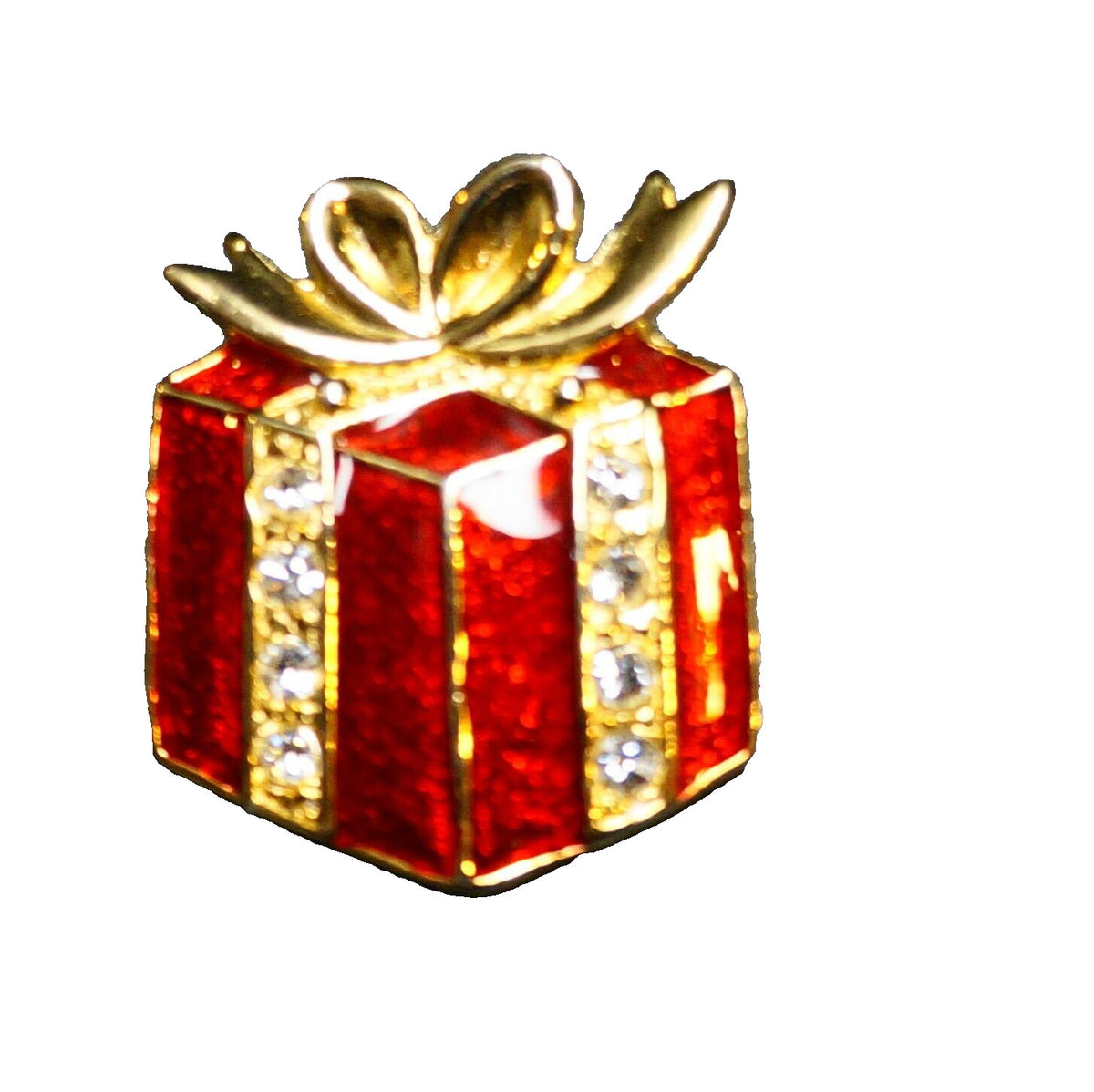 Red Enamel Clear Rhinestone Gold Tone Wrapped Gift Present Pin