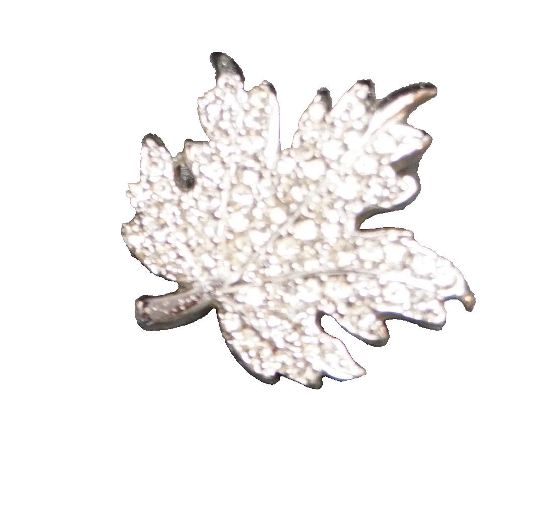 Rhodium Plated Silver Tone Clear Rhinestone Maple Leaf Pin Brooch Small