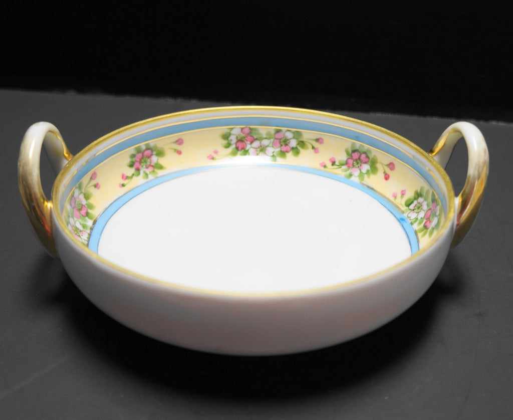Morimura Nippon Double Handle Bowl Hand Painted Pink Flowers Yellow Blue Bands